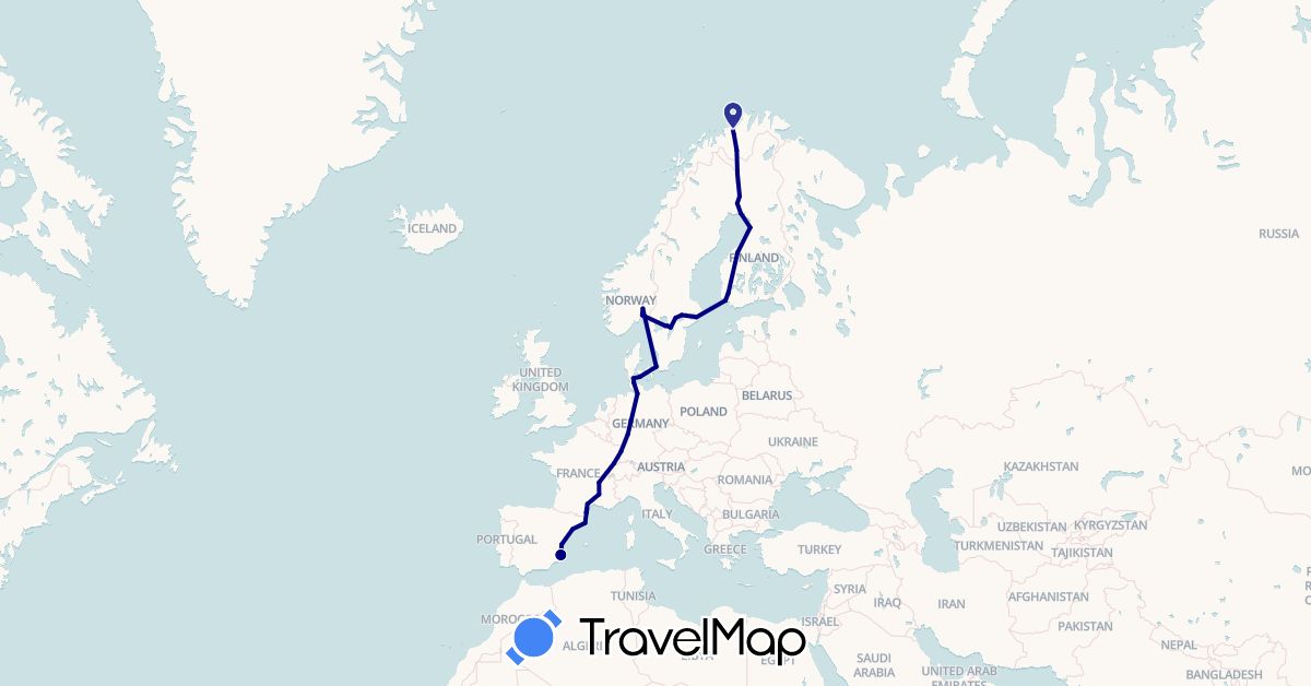 TravelMap itinerary: driving in Germany, Denmark, Spain, Finland, France, Norway, Sweden (Europe)